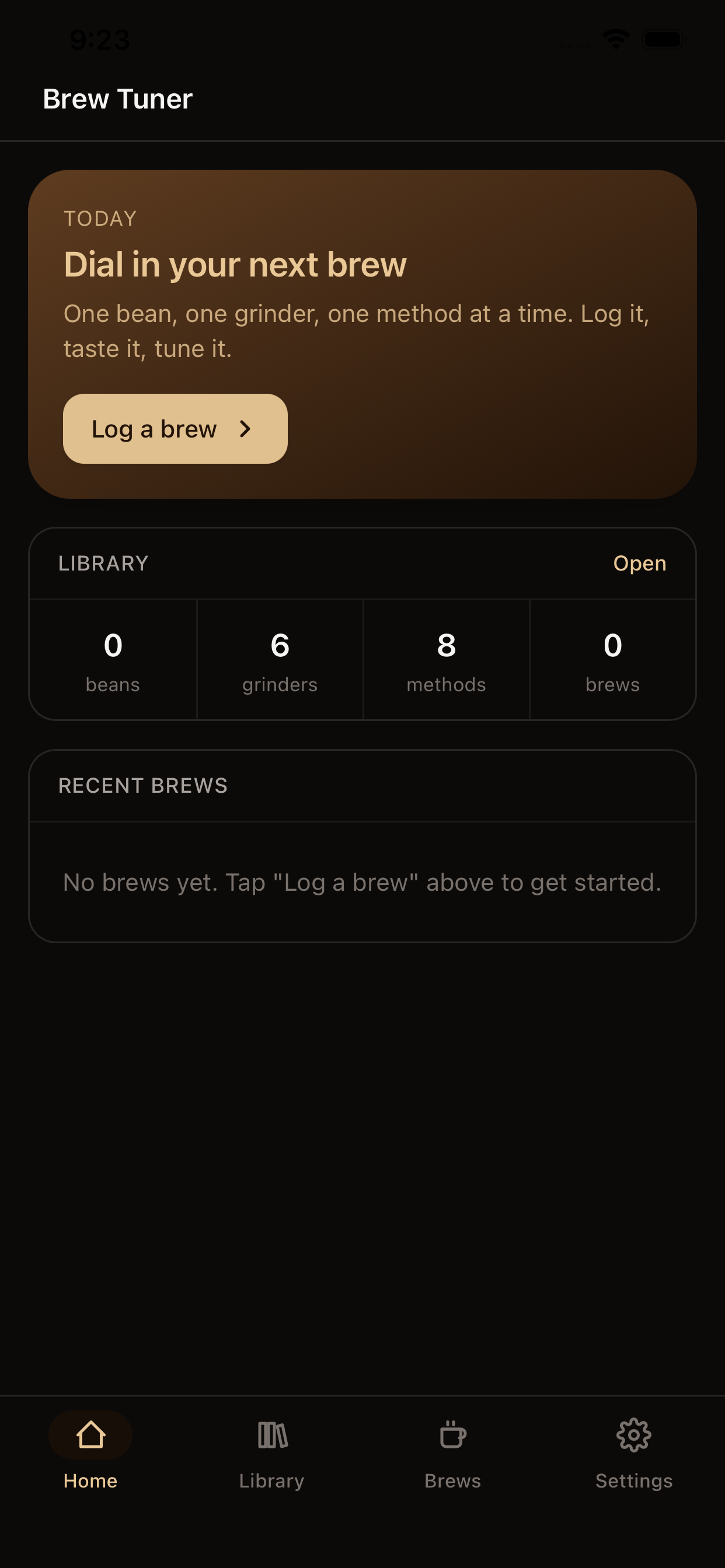 Brew Tuner home screen with a Today card, library stats (6 grinders, 8 methods), and a recent brews list.